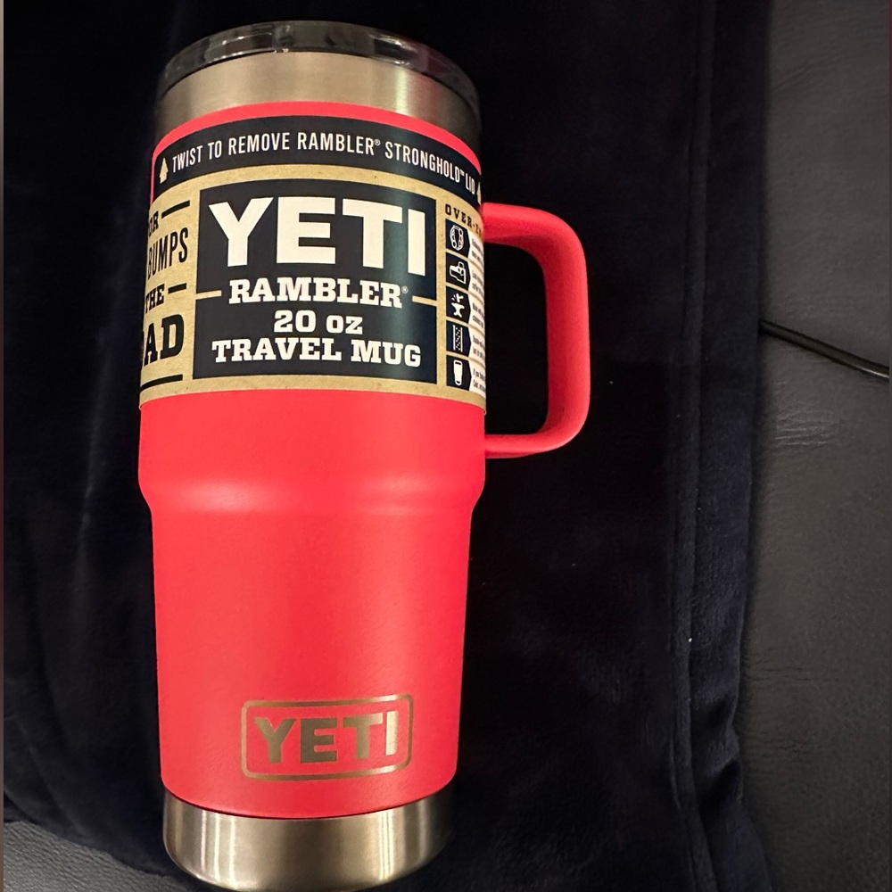 Yeti 20oz rambler travel mug with handle in Bimini pink.
